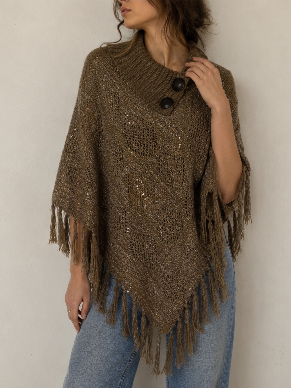 Boho Cottage Sequin Fringe Knit Poncho Sweater Brown One Size Fairy‎ Woodland